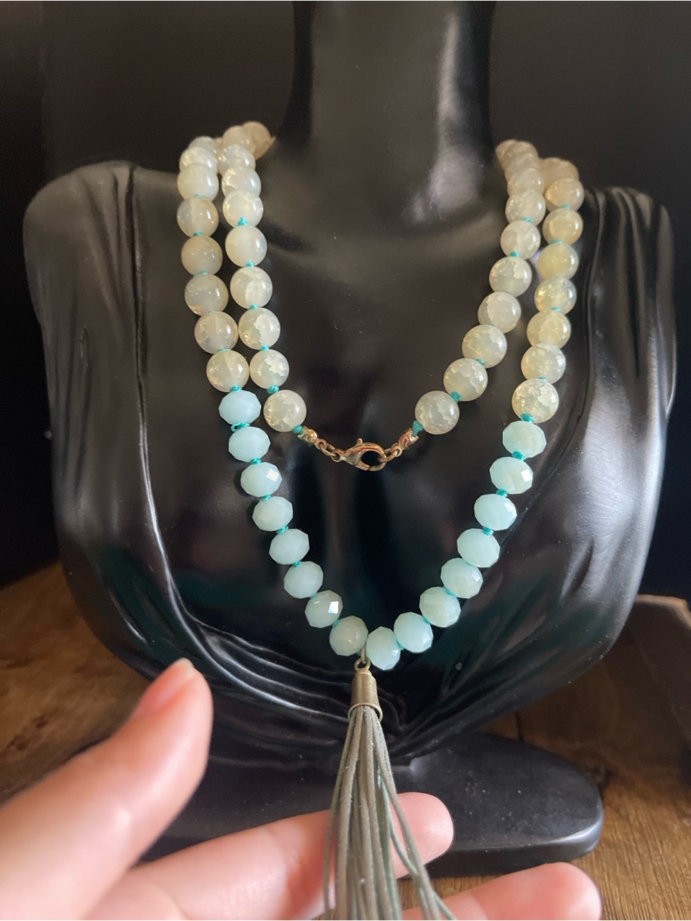 Green beads crystal and stone tassel statement beaded necklace